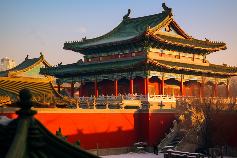 夕阳下的古代角楼建筑红色墙壁,高清,摄影图,摄影图片,图片大全,摄影图免费下载